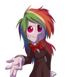 Size: 976x1076 | Tagged: safe, artist:fj-c, rainbow dash, equestria girls, g4, clothes, costume, female, halloween, halloween costume, jigsaw, looking at you, saw (movie), simple background, solo, transparent background