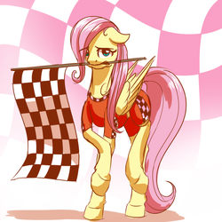 Size: 2000x2000 | Tagged: safe, artist:mykegreywolf, fluttershy, g4, 30 minute art challenge, clothes, female, flag, floppy ears, hair over one eye, high res, lanky fillyshy, mouth hold, race queen, solo, younger