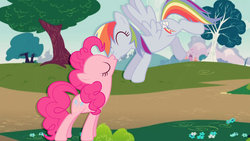 Size: 1024x576 | Tagged: safe, artist:princessmarceline2, pinkie pie, rainbow dash, earth pony, pegasus, pony, g4, duo, eyes closed, female, jpg artifacts, kiss on the lips, kissing, lesbian, mare, photoshop, ship:pinkiedash, shipping, tree