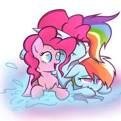 Size: 528x528 | Tagged: safe, artist:kelsiepie, pinkie pie, rainbow dash, g4, female, heart, heart eyes, lesbian, puddle, ship:pinkiedash, shipping, water