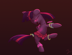 Size: 1496x1154 | Tagged: safe, artist:chef j, twilight sparkle, g4, balancing, clothes, dancing, do the sparkle, eyes closed, female, glowstick, miniskirt, nose wrinkle, open mouth, raised leg, rave, skirt, smiling, solo