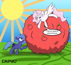 Size: 1000x915 | Tagged: safe, artist:empyu, princess celestia, princess luna, g4, 45 minute art challenge, apple, cewestia, cute, duo, filly, katamari damacy, woona