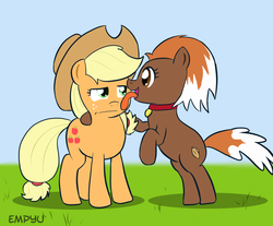 Size: 1000x828 | Tagged: safe, artist:empyu, applejack, winona, g4, 30 minute art challenge, awkward, duo, licking, ponified, ponified pony pets