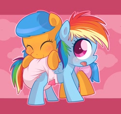 Size: 1280x1205 | Tagged: safe, artist:cuddlehooves, rainbow dash, oc, oc:amber heart, pony, g4, baby, baby pony, cuddlehooves is trying to murder us, cute, daaaaaaaaaaaw, dashabetes, diaper, filly, filly rainbow dash, foal, poofy diaper