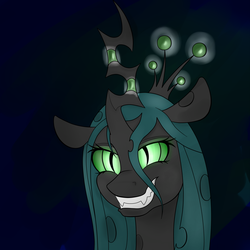 Size: 2048x2048 | Tagged: safe, artist:briarspark, queen chrysalis, changeling, changeling queen, g4, crown, female, grin, high res, jewelry, regalia, smiling, solo