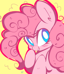 Size: 695x793 | Tagged: dead source, safe, artist:aquadiamonds, pinkie pie, earth pony, pony, g4, blushing, cute, diapinkes, female, open mouth, simple background, smiling, solo, white pupils, yellow background