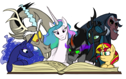 Size: 1024x638 | Tagged: safe, artist:dubsteppegasister, artist:mickeymonster, discord, king sombra, lord tirek, princess celestia, princess luna, queen chrysalis, sunset shimmer, alicorn, centaur, changeling, changeling queen, draconequus, pony, unicorn, taur, g4, antagonist, book, female, male, mare, missing accessory, reading, stallion