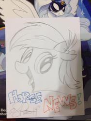 Size: 768x1024 | Tagged: safe, artist:andypriceart, oc, oc only, oc:newsie, bow, horse news, open mouth, smiling, solo, tongue out, traditional art