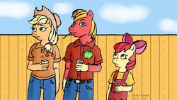 Size: 1191x670 | Tagged: safe, artist:scobionicle99, apple bloom, applejack, big macintosh, earth pony, anthro, g4, apple siblings, fence, king of the hill