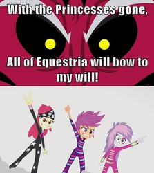 Size: 500x561 | Tagged: safe, apple bloom, lord tirek, scootaloo, sweetie belle, equestria girls, g4, my little pony equestria girls: rainbow rocks, my little pony: friendship is magic, twilight's kingdom, comic, cutie mark crusaders, cutie mark crusaders song, exploitable meme, image macro, meme, this will end in tears and/or death and/or covered in tree sap, tirek is doomed, tirek vs everyone meme