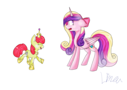 Size: 8185x5787 | Tagged: safe, artist:himitsuartmlp, apple bloom, princess cadance, alicorn, earth pony, pony, g4, absurd resolution, accessory swap, bow, confused, crown, duo, excited, fake cutie mark, female, filly, foal, happy, mare, simple background, surprised, transparent background