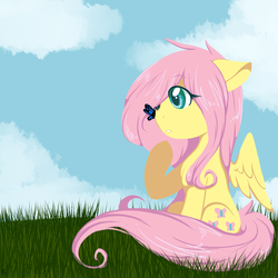 Size: 1000x1000 | Tagged: safe, artist:chibimlp-lover, fluttershy, butterfly, pegasus, pony, g4, butterfly on nose, chest fluff, cloud, cute, female, insect on nose, mare, profile, shyabetes, solo
