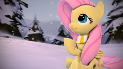 Size: 3840x2160 | Tagged: safe, artist:psfmer, fluttershy, g4, 3d, clothes, female, high res, scarf, snow, snowfall, solo, source filmmaker