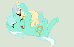 Size: 1024x661 | Tagged: safe, artist:koikithecat, lyra heartstrings, oc, oc:sweetmint, pony, g4, eyes closed, happy, holding, holding a pony, magical lesbian spawn, offspring, parent:bon bon, parent:lyra heartstrings, parents:lyrabon