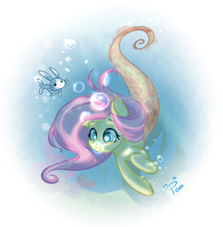 Size: 900x913 | Tagged: safe, artist:pomnoi, angel bunny, fluttershy, merpony, g4, female, seabunny, solo, underwater, watershy