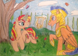 Size: 2128x1534 | Tagged: safe, artist:moonsong18, flash sentry, sunset shimmer, pegasus, pony, unicorn, g4, female, male, ship:flashimmer, shipping, straight, traditional art