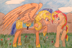 Size: 2320x1532 | Tagged: safe, artist:moonsong18, flash sentry, sunset shimmer, pegasus, pony, unicorn, g4, female, male, ship:flashimmer, shipping, straight, traditional art