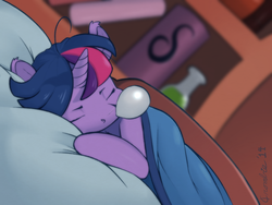 Size: 2700x2030 | Tagged: safe, artist:crombiettw, twilight sparkle, g4, bed, cute, female, high res, sleeping, snot bubble, solo, twiabetes