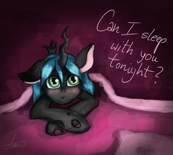 Size: 2400x2152 | Tagged: safe, artist:astralispl, queen chrysalis, g4, blanket, bronybait, cute, cutealis, female, high res, question, solo, speedpaint, younger