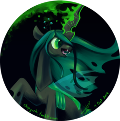Size: 796x799 | Tagged: safe, artist:chirpy-chi, queen chrysalis, changeling, changeling queen, g4, crown, fangs, female, glowing, glowing horn, horn, jewelry, magic, regalia, solo, transparent wings, wings