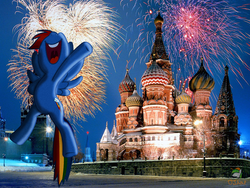 Size: 1024x768 | Tagged: safe, artist:fehlung, artist:ojhat, rainbow dash, g4, fireworks, irl, night, photo, ponies in real life, russia, solo, st. basil's cathedral, vector