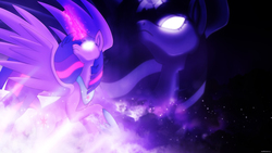 Size: 3840x2160 | Tagged: safe, artist:cruxisma, artist:romus91, twilight sparkle, alicorn, pony, g4, female, glowing eyes, glowing horn, high res, horn, magic, mare, solo, space, twilight sparkle (alicorn), vector, wallpaper, zoom layer