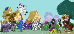 Size: 1280x585 | Tagged: safe, artist:thekc, oc, oc only, alicorn, bird, earth pony, pegasus, pony, unicorn, clothes, crowd, group, group shot, hat, horn, outdoors, tree