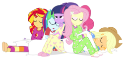 Size: 1675x800 | Tagged: safe, artist:dm29, applejack, fluttershy, pinkie pie, rainbow dash, rarity, sunset shimmer, twilight sparkle, human, equestria girls, g4, clothes, cuddling, disgruntled, footed sleeper, humane five, humane seven, humane six, notebook, pajamas, pillow, simple background, sleepover, slumber party, snuggling, transparent background, twilight sparkle (alicorn)