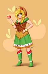 Size: 1100x1700 | Tagged: safe, artist:cosmicponye, applejack, human, g4, apple, boots, clothes, dress, humanized, ponytail