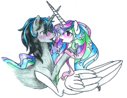 Size: 1909x1463 | Tagged: safe, artist:fountainstranger, king sombra, princess celestia, g4, blushing, female, good king sombra, loose hair, male, missing accessory, ship:celestibra, shipping, straight, traditional art