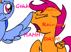 Size: 1423x1034 | Tagged: safe, artist:daisymeadows, rainbow dash, scootaloo, pegasus, pony, g4, duo, duo female, feather, female, fetish, filly, foal, mare, pre sneeze, simple background, sneezing, sneezing fetish, transparent background