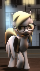 Size: 2160x3840 | Tagged: safe, artist:doritos-pope, derpy hooves, pegasus, pony, g4, 3d, book, city, female, film grain, glasses, high res, mare, pencil, solo, source filmmaker