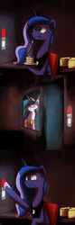 Size: 1000x3000 | Tagged: safe, artist:anticular, princess celestia, princess luna, alicorn, pony, ask sunshine and moonbeams, g4, :t, cake, cakelestia, comic, drool, duo, duo female, eating, female, five nights at freddy's, frown, glare, licking, looking at you, mare, seizure warning in description, tongue out, tumblr, unamused, wide eyes, window