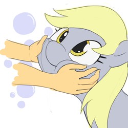 Size: 2000x2000 | Tagged: safe, artist:jayzonsketch, derpy hooves, human, pony, g4, :t, cute, derpabetes, disembodied hand, female, hand, high res, mare, simple background, smiling, solo focus, squishy cheeks, white background