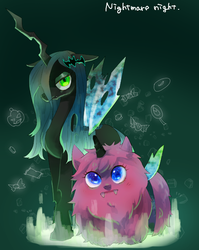 Size: 716x898 | Tagged: safe, artist:chi-hayu, queen chrysalis, oc, oc:fluffle puff, changeling, g4, clothes, costume, female, looking at you, nightmare night