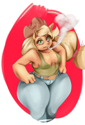 Size: 1509x2221 | Tagged: safe, artist:sundown, applejack, anthro, g4, applebucking thighs, cigarette, cleavage, female, freckles, scar, simple background, smoking, wide hips
