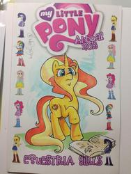 Size: 600x799 | Tagged: safe, artist:katie cook, idw, applejack, fluttershy, pinkie pie, rainbow dash, rarity, sunset shimmer, pony, unicorn, equestria girls, g4, my little pony annual 2013, female, humane five, irl, mare, photo, solo