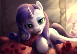 Size: 2631x1860 | Tagged: safe, alternate version, artist:bluespaceling, rarity, pony, unicorn, g4, beautiful, bed, bedroom eyes, detailed, female, mare, pillow, rarity's bedroom, realistic, rose, rose petals