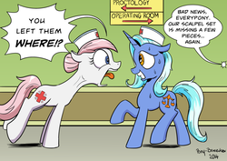 Size: 1024x724 | Tagged: safe, artist:pony-berserker, nurse redheart, oc, oc:cobalt, pony, g4, dialogue, eye contact, floppy ears, grin, hospital, looking at each other, nervous, open mouth, raised hoof, raised leg, scalpel, shocked, smiling, speech bubble, sweat, wide eyes, yelling