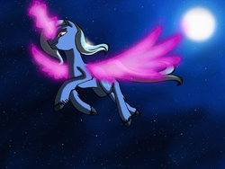 Size: 1024x768 | Tagged: safe, artist:sessomesmaru, trixie, pony, unicorn, g4, artificial wings, augmented, female, flying, grin, looking at you, looking down, magic, magic wings, mare, moon, night, sky, smiling, smirk, solo, space, unshorn fetlocks, wings