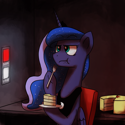 Size: 1200x1200 | Tagged: safe, artist:anticular, princess luna, alicorn, pony, ask sunshine and moonbeams, g4, cake, eating, female, five nights at freddy's, fork, mare, solo, tumblr
