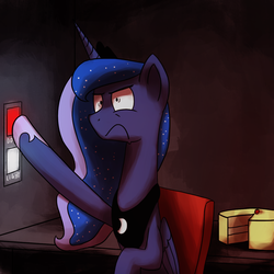 Size: 1200x1200 | Tagged: safe, artist:anticular, princess luna, alicorn, pony, ask sunshine and moonbeams, g4, cake, female, five nights at freddy's, frown, mare, nope, peytral, solo, tumblr