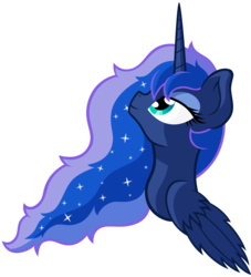 Size: 3000x3303 | Tagged: safe, artist:scourge707, princess luna, alicorn, pony, g4, bust, female, high res, lidded eyes, looking up, mare, messy mane, missing accessory, simple background, smiling, solo, transparent background