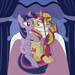 Size: 1024x1019 | Tagged: safe, artist:radiantrealm, sunset shimmer, twilight sparkle, alicorn, pony, unicorn, equestria girls, g4, bed, big crown thingy, bondage, bound and gagged, box tied, cloth gag, crown, femsub, gag, rope, show accurate, submissive, subset, twidom, twilight sparkle (alicorn)