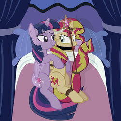 Size: 1024x1019 | Tagged: safe, artist:radiantrealm, sunset shimmer, twilight sparkle, alicorn, pony, unicorn, equestria girls, g4, ballgag, bed, big crown thingy, bondage, bound and gagged, box tied, crown, female, femsub, gag, mare, rope, show accurate, submissive, subset, twidom, twilight sparkle (alicorn)