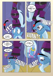 Size: 1024x1448 | Tagged: safe, artist:radiantrealm, trixie, pony, unicorn, g4, ballgag, bondage, box tied, comic, fail, female, gag, help, horn, horn ring, hung upside down, magic, magic suppression, mare, mummyjacket, now you fucked up, rope, self bondage, show accurate, straitjacket, straps, too dumb to live, upside down