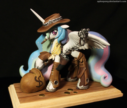 Size: 1500x1279 | Tagged: safe, artist:aplexpony, artist:slugbox, princess celestia, pony, g4, bag, cigar, clothes, coin, cowgirl, craft, female, gun, hat, looking at you, magic, money, raised hoof, revolver, sculpture, solo, spread wings, telekinesis, western, wild westia, wing hold