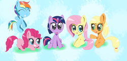 Size: 1666x800 | Tagged: safe, applejack, fluttershy, pinkie pie, rainbow dash, twilight sparkle, g4, filly