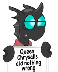 Size: 1375x1705 | Tagged: safe, artist:sketchymouse, changeling, clothes, glasses, hitler did nothing wrong, implied queen chrysalis, sign, simple background, transparent background
