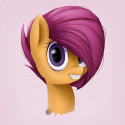 Size: 2000x2000 | Tagged: dead source, safe, artist:natalashake, scootaloo, pegasus, pony, g4, abstract background, alternate hairstyle, braces, bust, cute, cutealoo, female, filly, foal, hair over one eye, high res, signature, smiling, solo